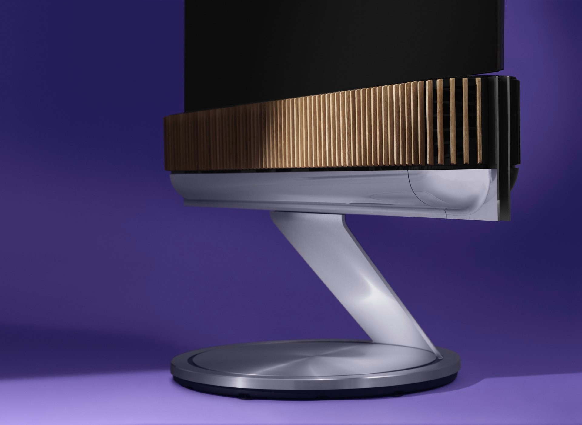 The Beosound Theater Dolby Atmos Interface Arm is motorized, allowing the TV to rotate so users can find the best viewing angle.