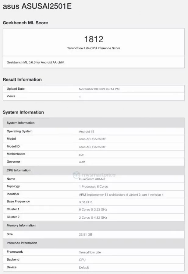 The Geekbench ML benchmark listing states that the smartphone has 24GB of RAM and runs Android 15.